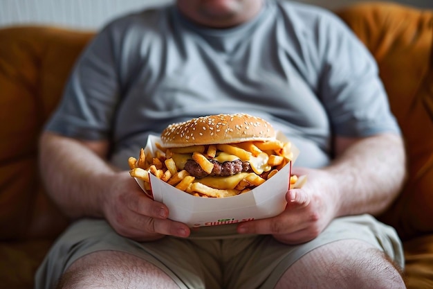 Foto vette man met hamburger en frietjes.