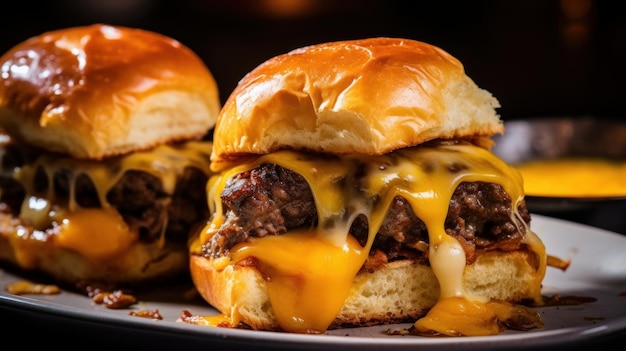 Vettig en smakelijk rundvlees en cheddar sliders met sappige rundvleespatties en gesmolten kaas