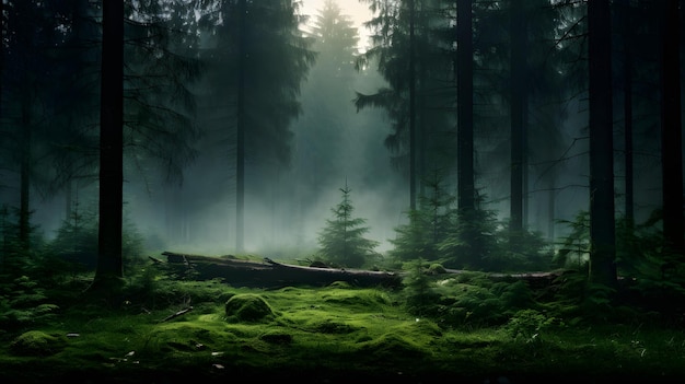 A vew of foggy forest Fairy tale spooky looking woods in a misty day
