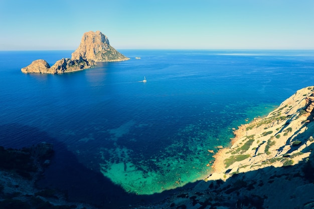 Vew of the mysterious island of Es Vedra. Ibiza, Balearic Islands. Spain