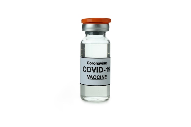 Vial of Covid - 19 vaccine isolated on white background