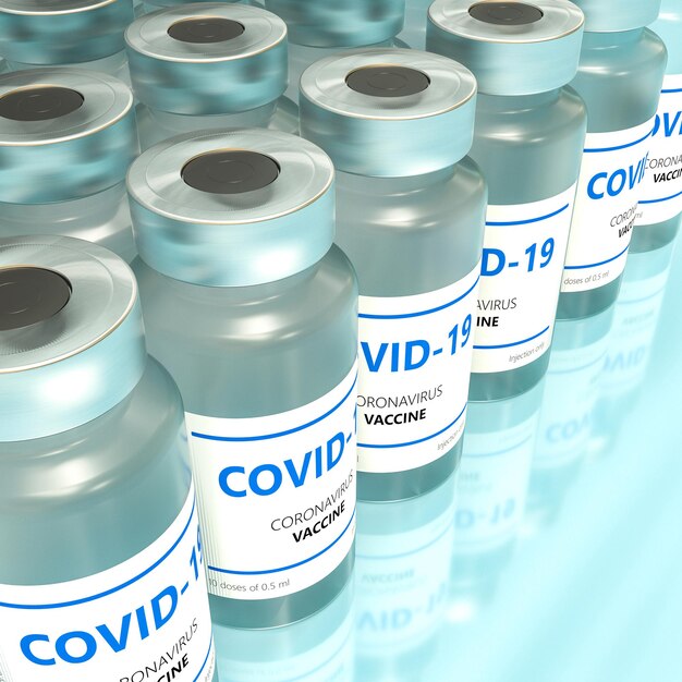 Vials of covid-19 vaccine. 3d render