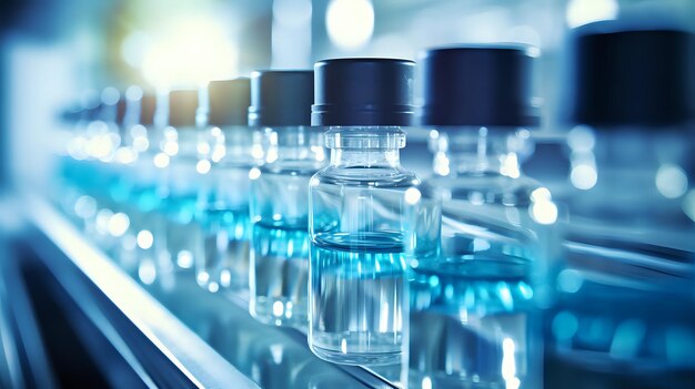 Photo vials with a blue liquid on a production line