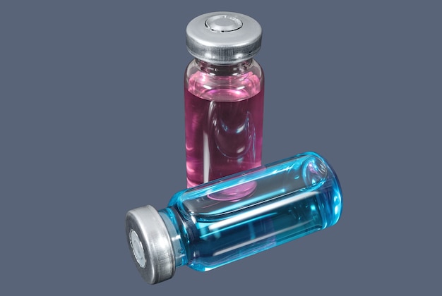 Vials with transparent blue and light red liquids