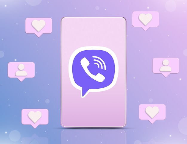 Foto logo viber sullo schermo del telefono con icone di notifica di nuovi mi piace e follower intorno a 3d