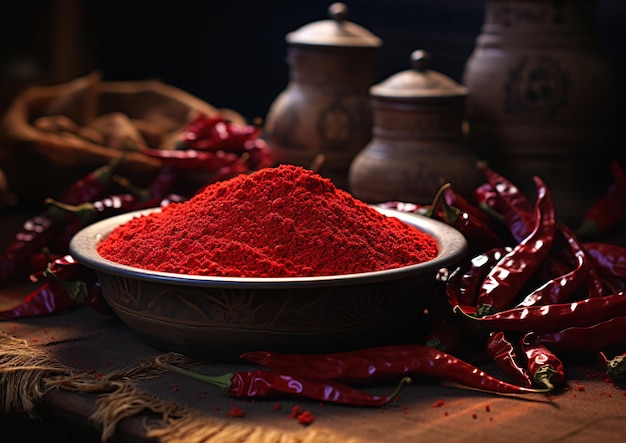 vibrancy bowl red chili powder table deep dense coloration cool marketing tavern background blue