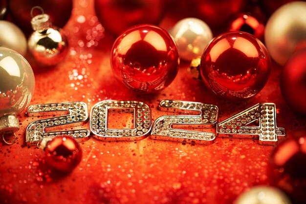 Photo vibrant 2024 christmas and new year celebration shiny ornaments and glittering decoration background