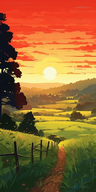 Foto vibrant 2d game art stunning zonsondergang en veld illustratie