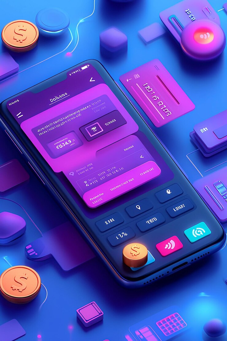 A vibrant 3D cartoon mobile app interface showcasing a successful payment with animated coins cards and transaction details