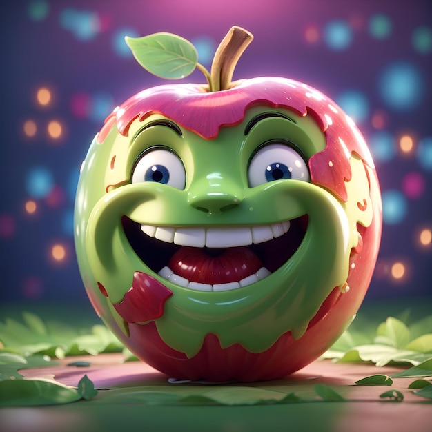 A vibrant 3d illustration of an apple character with a beaming smile drawn in a cartoonstyle