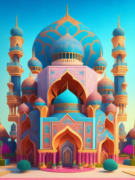 A vibrant 3d illustration of a majestic mosque with a grand gate in the center