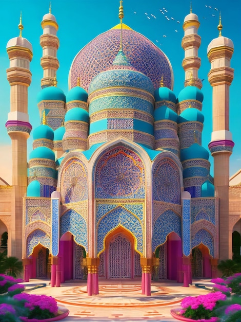 A vibrant 3d illustration of a majestic mosque with a grand gate in the center