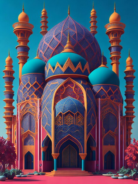 A vibrant 3d illustration of a majestic mosque with a grand gate in the center