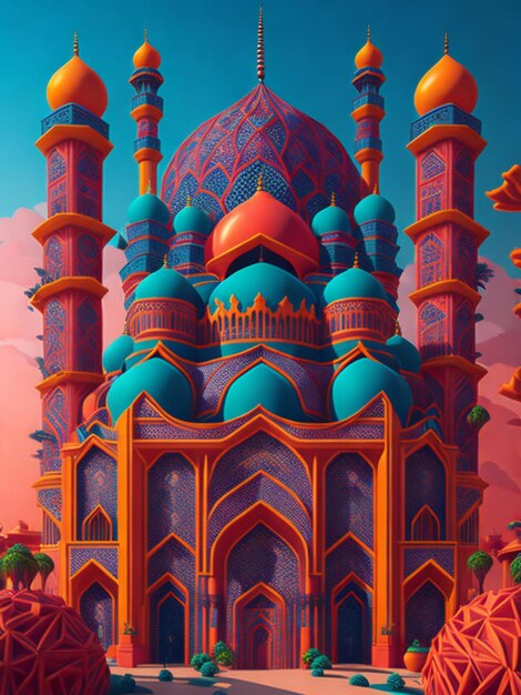 A vibrant 3d illustration of a majestic mosque with a grand gate in the center