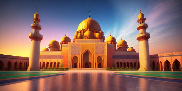 A vibrant 3d illustration of a majestic mosque with a grand gate in the center