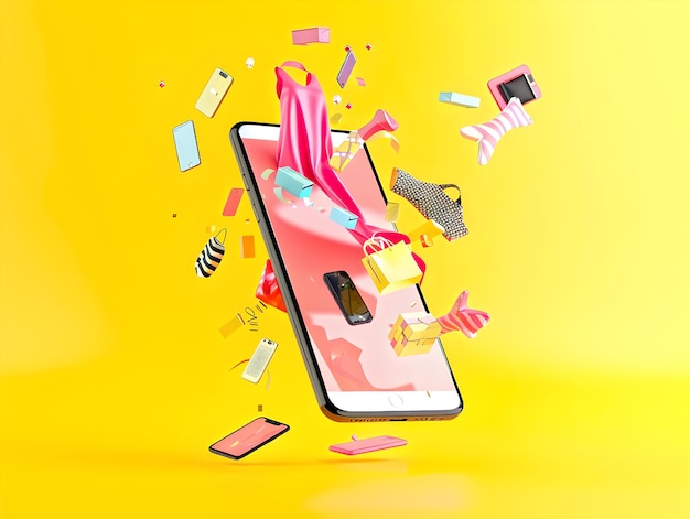 Vibrant 3D Illustration of Smartphone with Icons Exploding Out on a Sunny Yellow Background Modern Digital Concept Eyecatching Graphic Design Surreal Creative Imagery AI