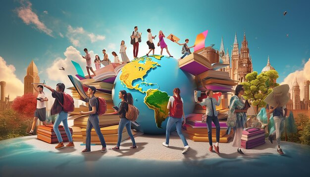 Vibrant 3D image joyful group with books by world map evoking adventure