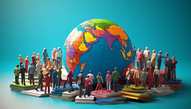 Vibrant 3D image joyful group with books by world map evoking adventure