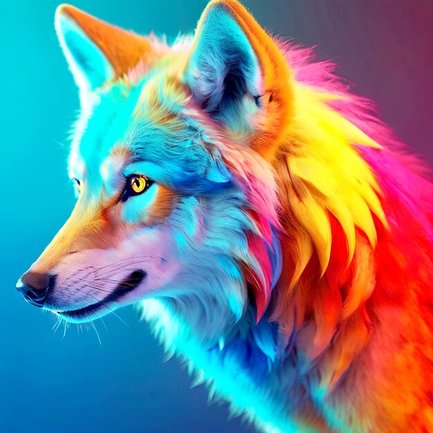 vibrant 3D render of a fierce colorful wolf