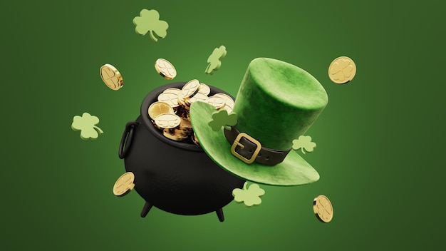 a vibrant 3d render illustration of pot of gold surrounded by clovers spirit of st patricks day