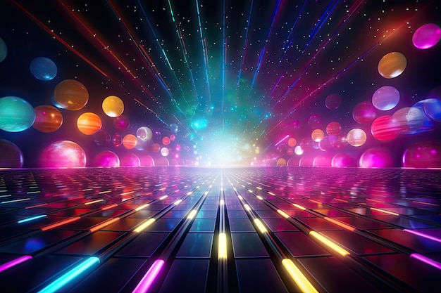 Vibrant 3D rendered background glowing disco lights neon light 3D radiance of the disco lights