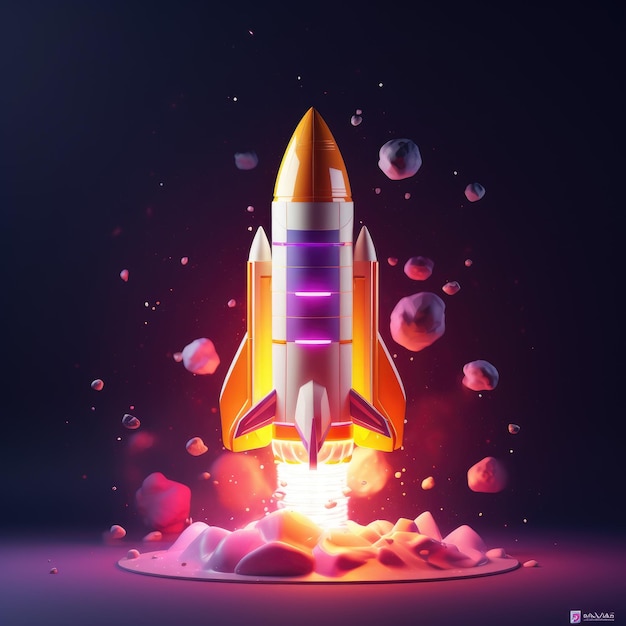 Vibrant 3D Rocket Soaring Through a Colorful Sky on a Light Background