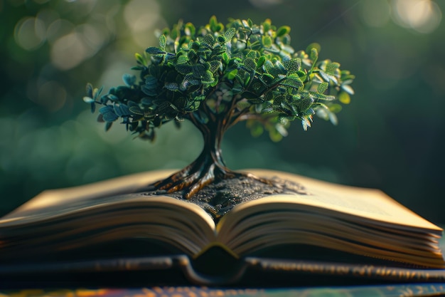 Photo a vibrant 3d scene of a tree growing from a book on planning its branches reaching towards symbols of leadership closeup