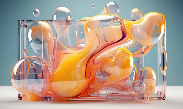 Vibrant 3D of swirling liquid in a glass vessel against a blue backdrop Captivating play of colors in a 3D liquid design AI Generative