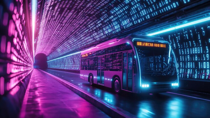 Photo a vibrant 3drendered image of a school bus enveloped in neon orange outlines and grid lines
