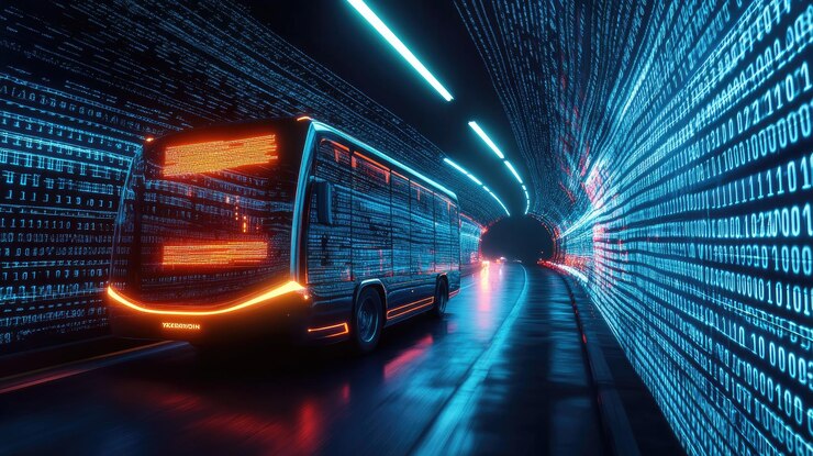 Photo a vibrant 3drendered image of a school bus enveloped in neon orange outlines and grid lines