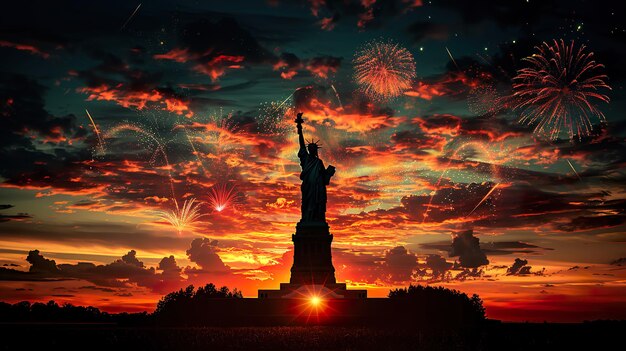 Photo vibrant 4th of july fireworks display over statue of liberty