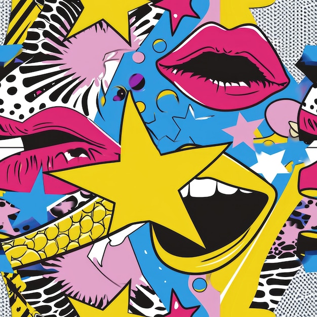 Vibrant 90s Pop Art Collage with Seamless Pattern Design