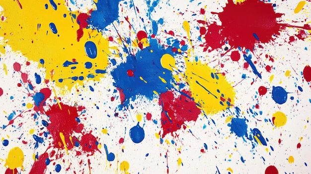 a vibrant abstract artwork featuring colorful splashes of red blue and yellow on a white background