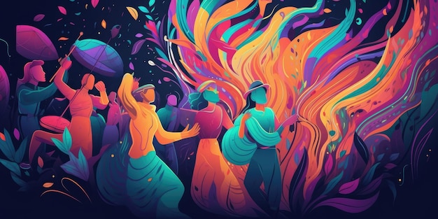 Vibrant abstract illustration of people with colorful swirlsxA