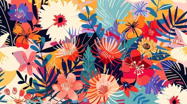 A vibrant abstract illustration of tropical flowers and leaves