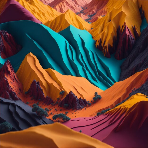 A vibrant abstract landscape of color and texture rendered in 8K UHD with a photorealistic detail