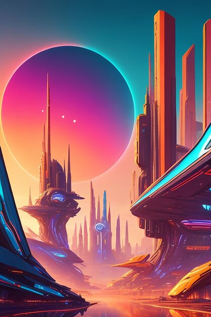 A vibrant abstract landscape of a futuristic cityscape metalic planet