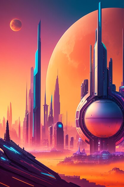 Photo a vibrant abstract landscape of a futuristic cityscape metalic planet