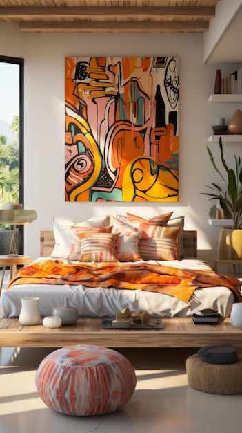 Vibrant abstract painting in a cozy bedroom