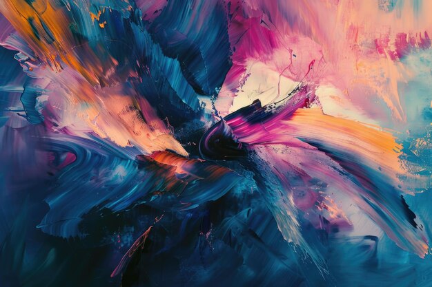 A vibrant abstract painting featuring intricate swirls of blue pink and yellow colors