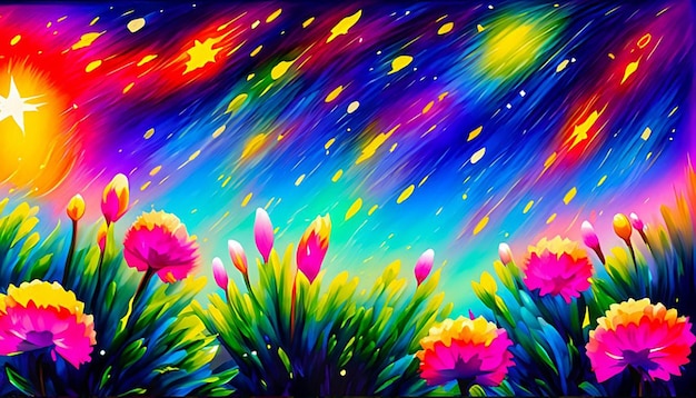 A vibrant abstract painting of a flower garden with a bright starry night sky