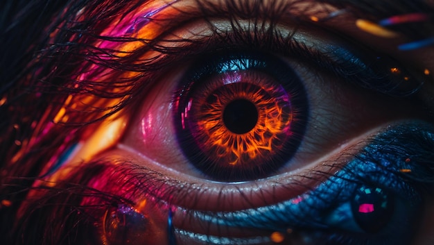 A vibrant abstract painting of a human eye surrounded by neon light