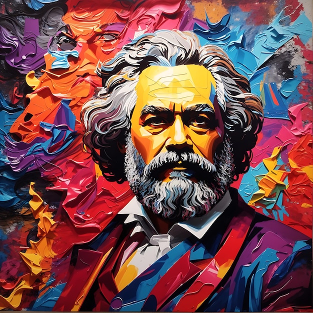 A vibrant abstract painting of Karl Marx with a focus on his revolutionary ideas
