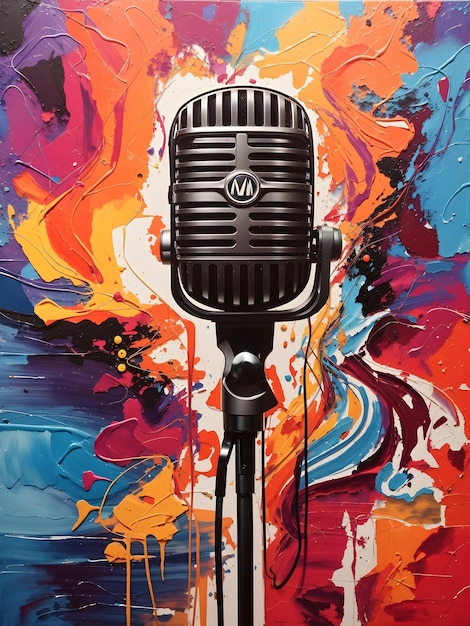 Яркая абстрактная картина микрофона на красочном фоне звуковых волн.