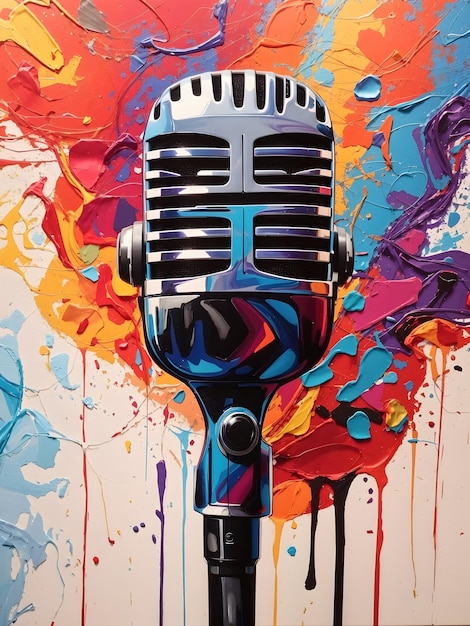 Яркая абстрактная картина микрофона на красочном фоне звуковых волн.