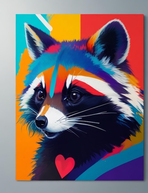 A vibrant abstract painting of a raccoon with bold colors and minimalistic shapes