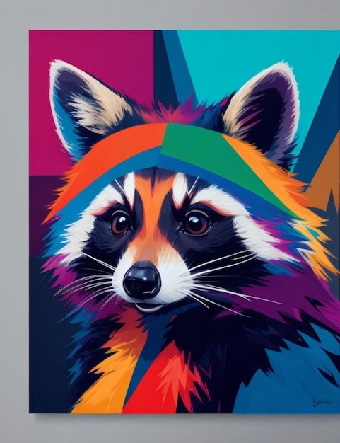 A vibrant abstract painting of a raccoon with bold colors and minimalistic shapes