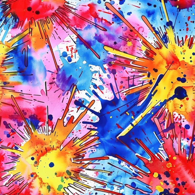 A vibrant abstract painting showcasing a dynamic explosion of colors with splatters and streaks of red blue yellow and pink creating an energetic and vivid composition