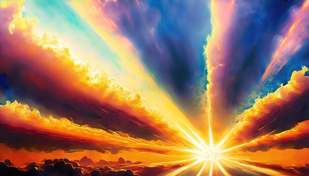 Foto un vibrante dipinto astratto di un cielo assolato con raggi di luce