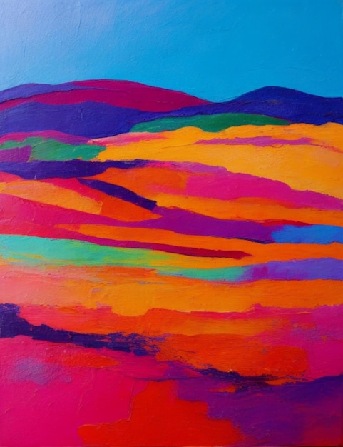 A vibrant abstract painting of a textured landscape